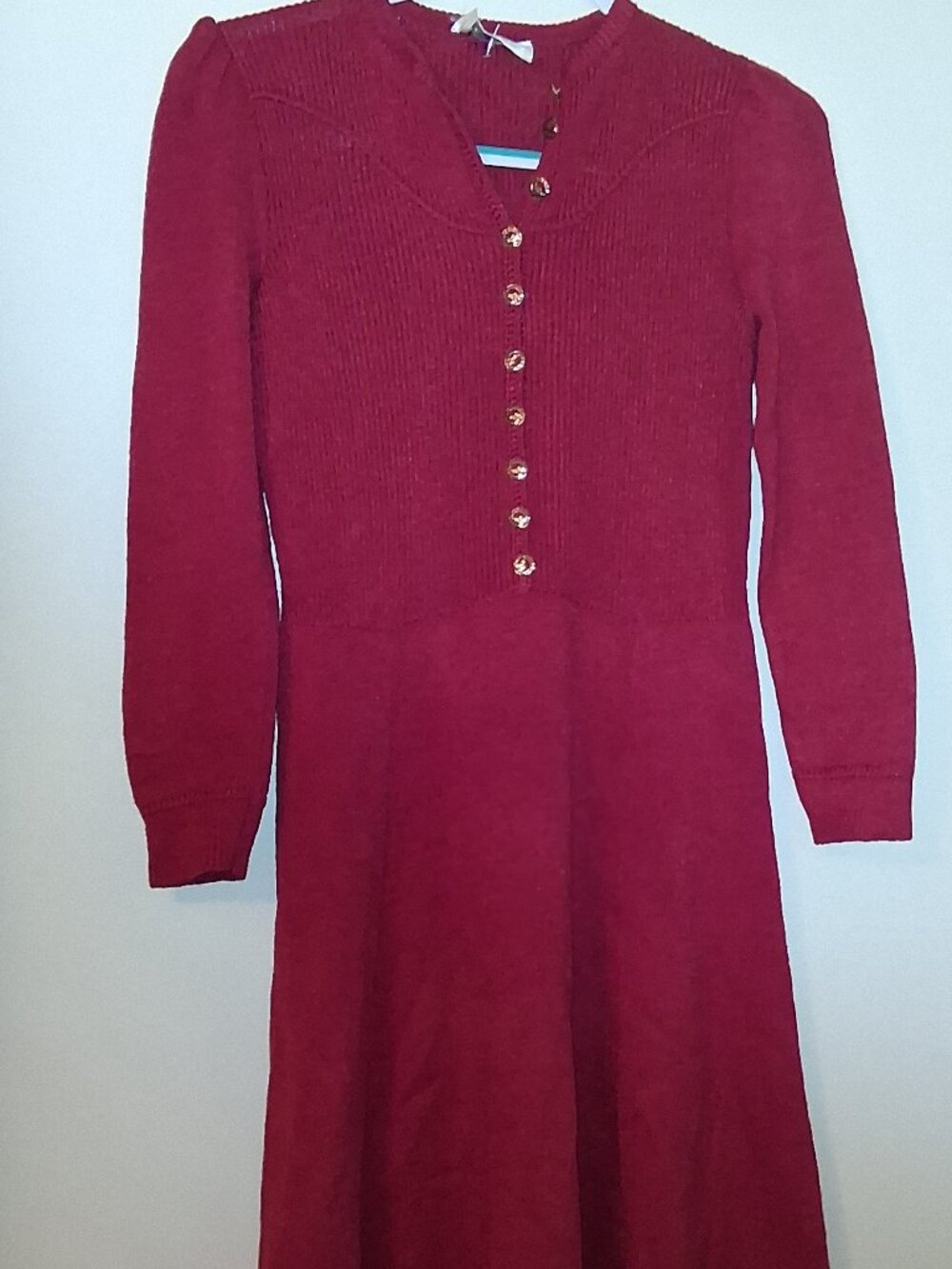 Vintage St. John for Bullock’s Knit Stretch Red Burgundy Dress Brass buttons